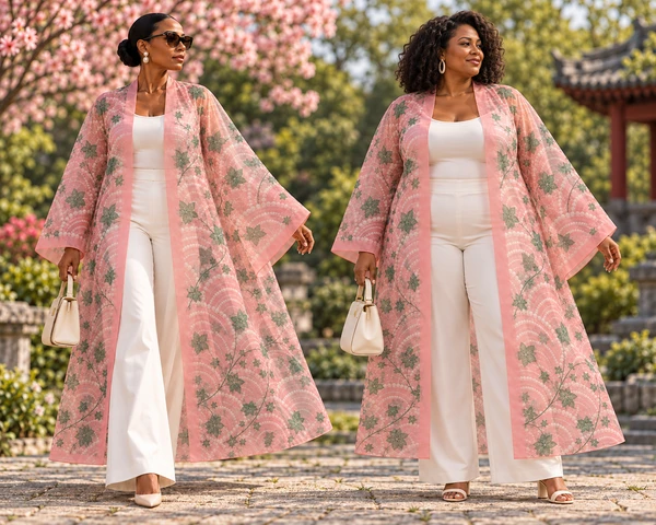 Pearl Wave Organza Kimono in pink with green ivy and pearl-wave print, shown on two models.