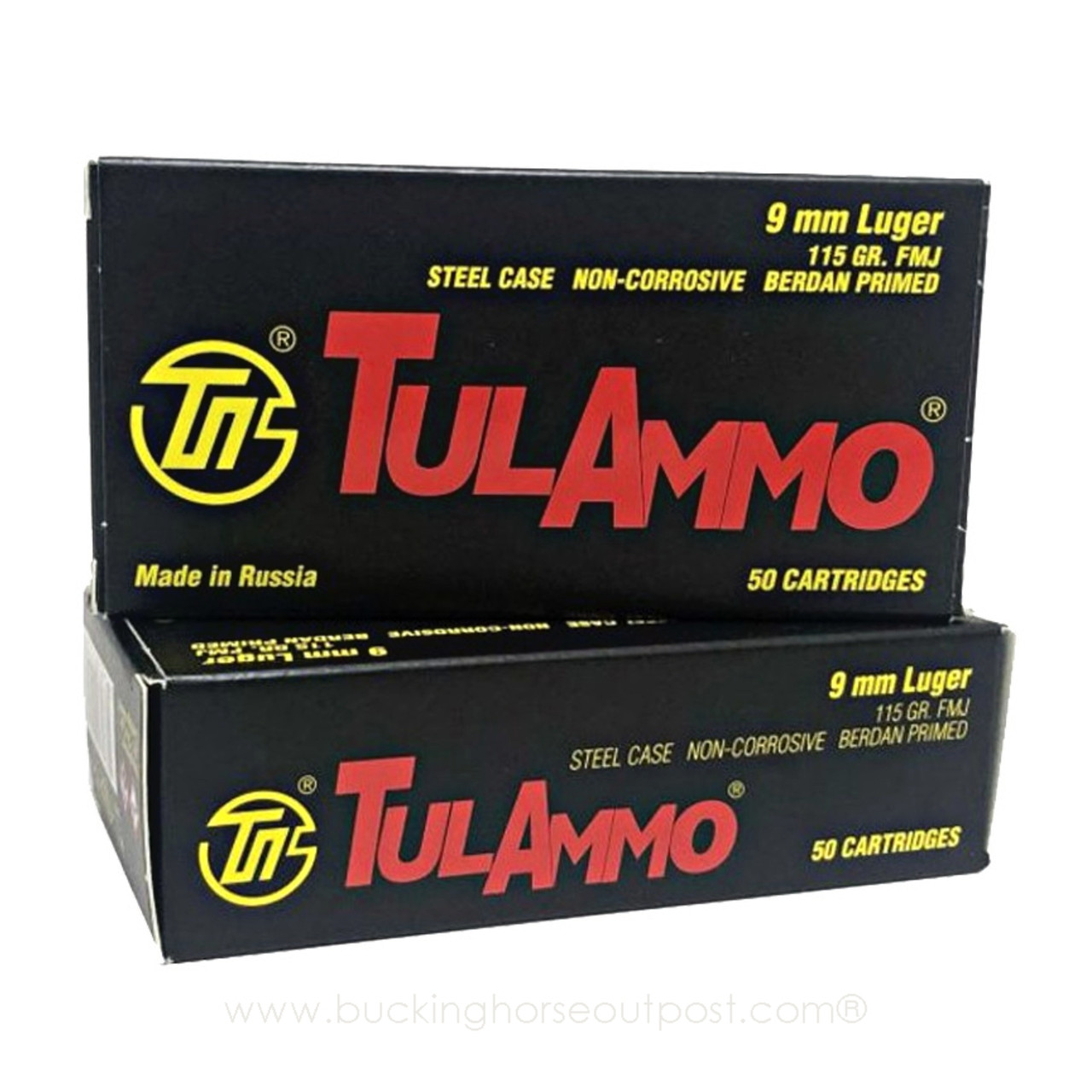 TulAmmo Pistol Cartridge 9mm Luger 115 Grain Full Metal Jacket Steel Case 50rds Per Box (TA919150)- FREE SHIPPING ON ORDERS $175 OR MORE