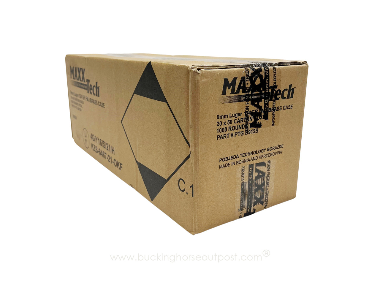 MaxxTech 9mm Luger 124 Grain Full Metal Jacket Brass Case 1000rds Per Case (PTGB9124B) - FREE SHIPPING on orders over $175