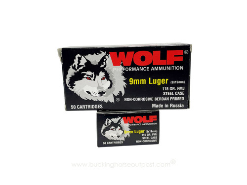Wolf Performance 9mm 115 Grain Steel Case Full Metal Jacket 50rds Per Box (919FMJ) - FREE SHIPPING ON ORDERS OVER $200  Wolf Performance 9mm 115 Grain Steel Case Full Metal Jacket 50rds Per Box (919FMJ) - FREE SHIPPING ON ORDERS OVER $200