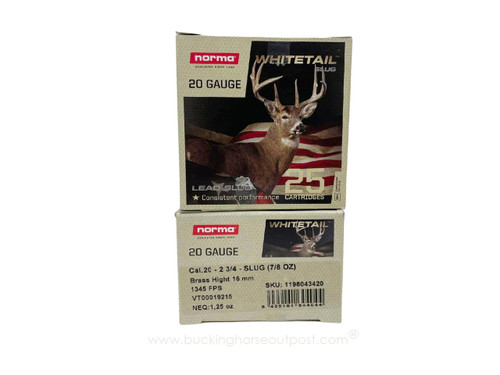 Norma Whitetail 20 Gauge 2-3/4" 7/8oz Rifled Slug 25rds Per Box (1198043420) - FREE SHIPPING ON ORDERS OVER $200  Norma Whitetail 20 Gauge 2-3/4" 7/8oz Rifled Slug 25rds Per Box (1198043420) - FREE SHIPPING ON ORDERS OVER $200