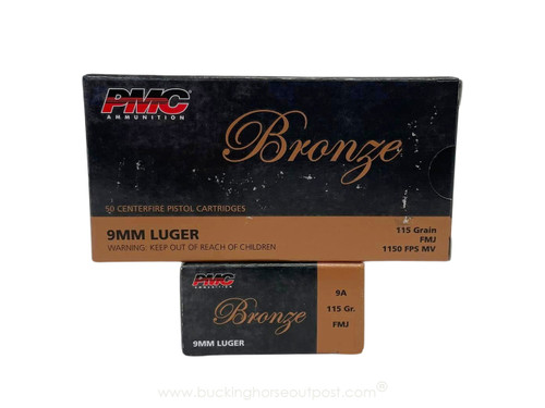 PMC Ammunition Bronze 9mm 115 Grain Full Metal Jacket 50rds Per Box (9A) - FREE SHIPPING ON ORDERS OVER $200  PMC Ammunition Bronze 9mm 115 Grain Full Metal Jacket 50rds Per Box (9A) - FREE SHIPPING ON ORDERS OVER $200