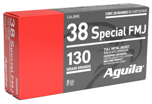 Aguila Target & Range .38 Special 130 Grain Full Metal Jacket 50rds Per Box (1E382521) - FREE SHIPPING ON ORDERS OVER $200  Aguila Target & Range .38 Special 130 Grain Full Metal Jacket 50rds Per Box (1E382521) - FREE SHIPPING ON ORDERS OVER $200
