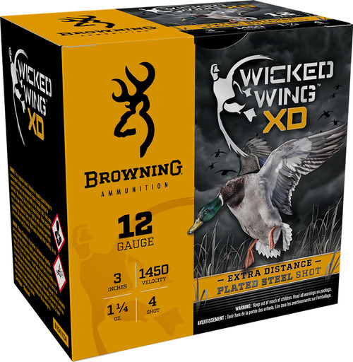 Browning Ammunition Wicked Wing XD 12 Gauge 3" 1-1/4oz #4 Shot 25rds Per Box (B193411234) - FREE SHIPPING ON ORDERS OVER $200  Browning Ammunition Wicked Wing XD 12 Gauge 3" 1-1/4oz #4 Shot 25rds Per Box (B193411234) - FREE SHIPPING ON ORDERS OVER $200