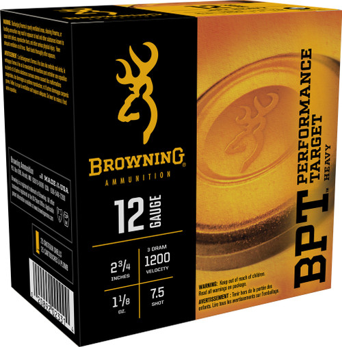 Browning Ammunition BPT Performance Target Heavy 12 Gauge 2-3/4" 1-1/8oz #7.5 Shot 25rds Per Box (B193621227) - FREE SHIPPING ON ORDERS OVER $200  Browning Ammunition BPT Performance Target Heavy 12 Gauge 2-3/4" 1-1/8oz #7.5 Shot 25rds Per Box (B193621227) - FREE SHIPPING ON ORDERS OVER $200