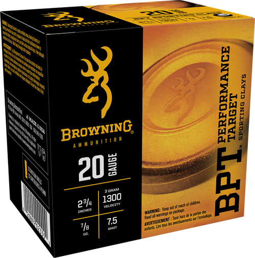Browning Ammunition BPT Performance Target Sporting Clays 20 Gauge 2-3/4" 7/8oz #7.5 Shot 25rds Per Box (B193632027) - FREE SHIPPING ON ORDERS OVER $200  Browning Ammunition BPT Performance Target Sporting Clays 20 Gauge 2-3/4" 7/8oz #7.5 Shot 25rds Per Box (B193632027) - FREE SHIPPING ON ORDERS OVER $200