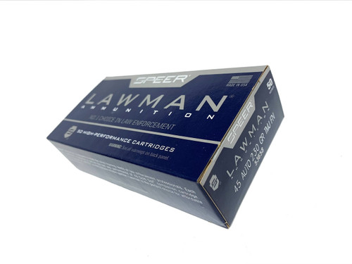Speer Lawman .45 Auto 230 Grain Total Metal Jacket Flat Nose 50rds Per Box (53658)- FREE SHIPPING ON ORDERS OVER $200  Speer Lawman .45 Auto 230 Grain Total Metal Jacket Flat Nose 50rds Per Box (53658)- FREE SHIPPING ON ORDERS OVER $200