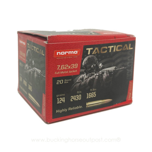 Norma Tactical 7.62x39mm 124 Grain Full Metal Jacket Brass 20rds Per Box (295540020)- FREE SHIPPING ON ORDERS OVER $200  Norma Tactical 7.62x39mm 124 Grain Full Metal Jacket Brass 20rds Per Box (295540020)- FREE SHIPPING ON ORDERS OVER $200