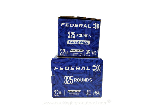 Federal Champion .22 Long Rifle 36 Grain Copper Plated Hollow Point Value Pack 325rds Per Box (725)- FREE SHIPPING ON ORDERS OVER $200  Federal Champion .22 Long Rifle 36 Grain Copper Plated Hollow Point Value Pack 325rds Per Box (725)- FREE SHIPPING ON ORDERS OVER $200