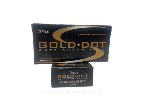 Speer Gold Dot .45 Auto 230 Grain Jacketed Hollow Point 50rds Per Box (53966) - Police Trade In- FREE SHIPPING ON ORDERS OVER $200  Speer Gold Dot .45 Auto 230 Grain Jacketed Hollow Point 50rds Per Box (53966) - Police Trade In- FREE SHIPPING ON ORDERS OVER $200