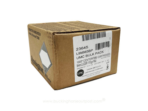 Remington UMC Bulk Pack 9mm 115 Grain Full Metal Jacket 1000rds Per Case (23645) - FREE SHIPPING ON ORDERS OVER $200  Remington UMC Bulk Pack 9mm 115 Grain Full Metal Jacket 1000rds Per Case (23645) - FREE SHIPPING ON ORDERS OVER $200