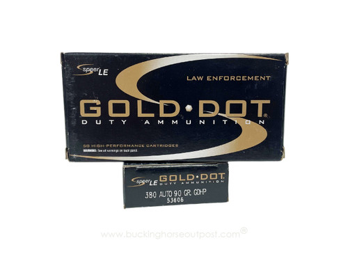 Speer Gold Dot .380 Auto 90 Grain Jacketed Hollow Point  50rds Per Box (53606)- Police Trade In - FREE SHIPPING ON ORDERS OVER $200  Speer Gold Dot .380 Auto 90 Grain Jacketed Hollow Point  50rds Per Box (53606)- Police Trade In - FREE SHIPPING ON ORDERS OVER $200
