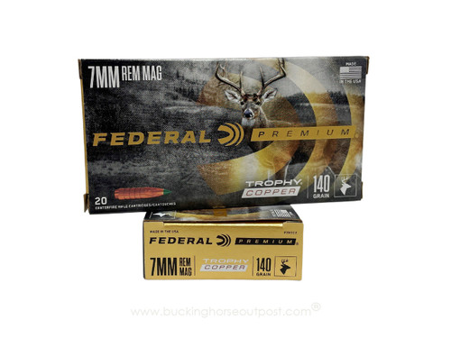 Federal Premium Centerfire Rifle 7mm Remington Magnum 140 Grain Trophy Copper 20rds Per Box (P7RTC2) - FREE SHIPPING ON ORDERS OVER $200  Federal Premium Centerfire Rifle 7mm Remington Magnum 140 Grain Trophy Copper 20rds Per Box (P7RTC2) - FREE SHIPPING ON ORDERS OVER $200
