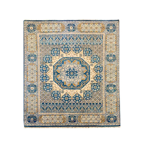 8x10 Navy blue, ivory and gold tribal geometric mamluk style handknotted carpet