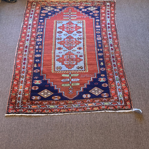 4‘7“ X 7‘4“ bright red and navy blue tribal geometric handknotted antique carpet