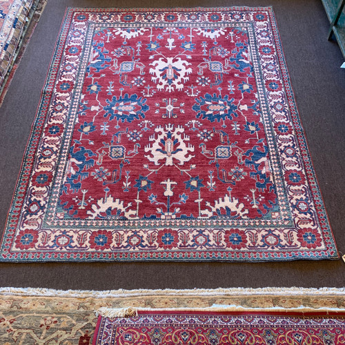 6’x9’ Red, and blue handknotted geometric Kazak style carpet