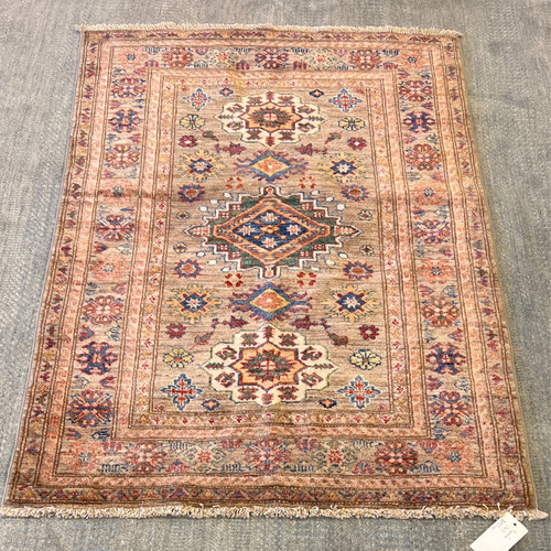 Gray and tan multicolor handknotted geometric tribal Carpet