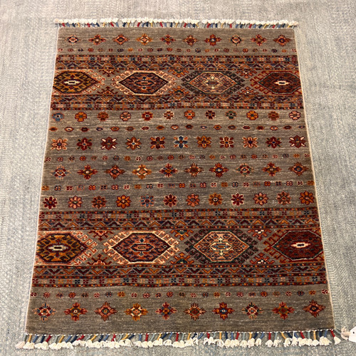 2’11 x 4’ Gray, red and multicolor tribal geometric handknotted Carpet
