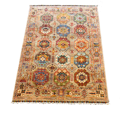 3‘11“ X 6‘0“ beige and multicolor tribal geometric Bokara style carpet