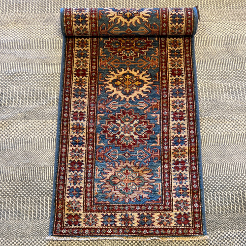 2‘1“ X 6‘0“ Handknotted blue and red Tribal geometric kazak Style runner rug