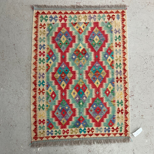 3‘5“ X 4‘9“ hand woven bright multicolor red and green tribal geometric Killim carpet