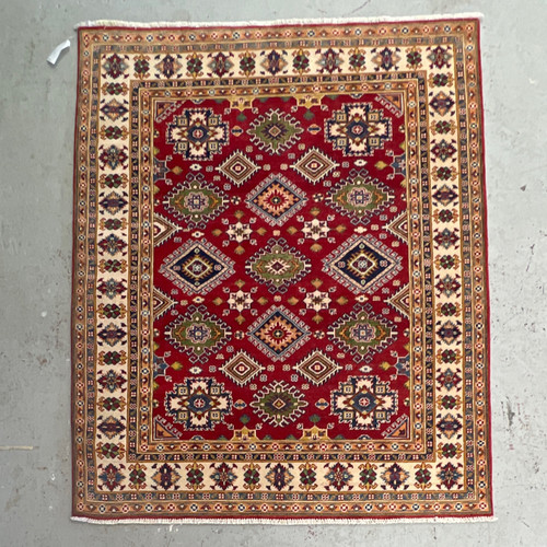5‘3“ X 6‘4“ tribal geometric handknotted Kazak style carpet