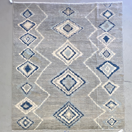 8‘3“ X 9‘7“ light gray, denim blue and cream handknotted Tribal geometric Moorish style carpet