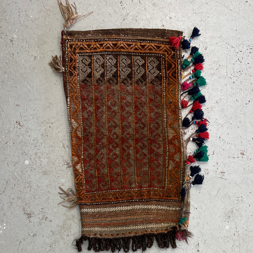 26” x 40” Vintage orange brown and multicolor tasseled hand knotted and woven tribal saddle bag Great for wall art!