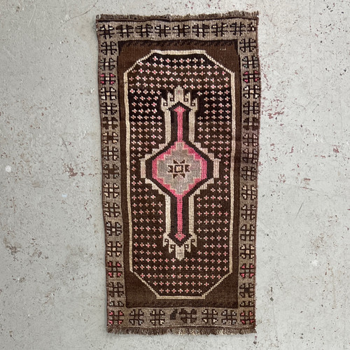 1‘9“ X 3‘5“ antique dark brown, ivory white and pink funky handknotted tribal Turkish rug or Mat