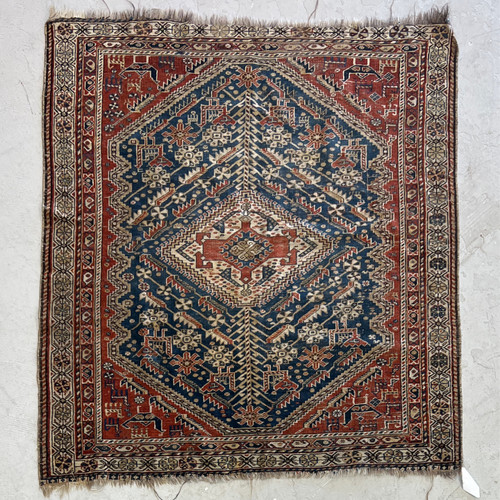 4’9” x 5’ almost square Antique red and navy intricate pattern tribal geometric handknotted Rug
