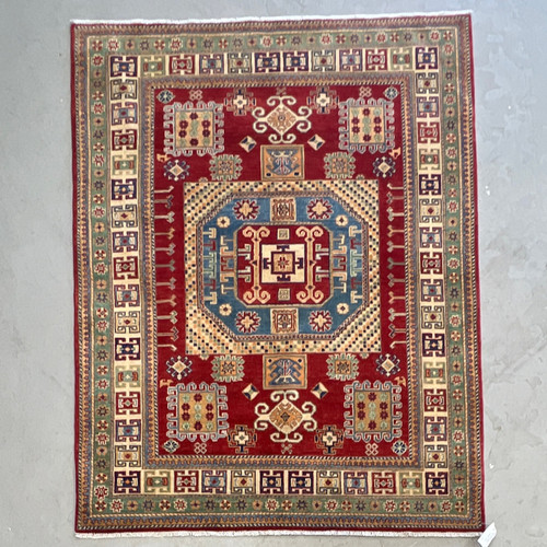 5‘3“ X 6‘7“ bright red, green and multicolor tribal geometric unique Kazak pattern carpet