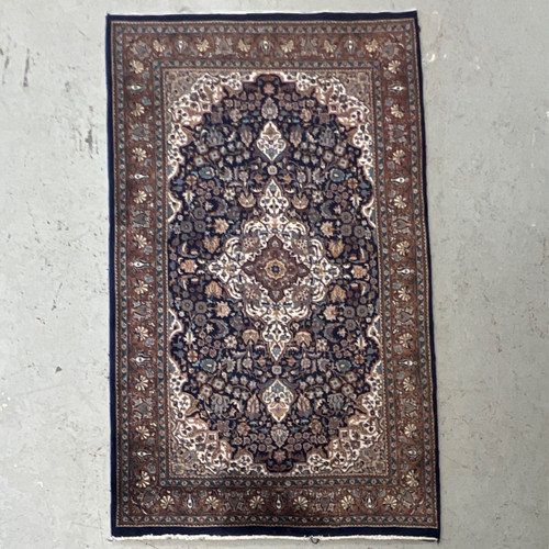 3‘11“ X 6‘6“ floral traditional hand knotted vintage navy, bronze and ivory carpet