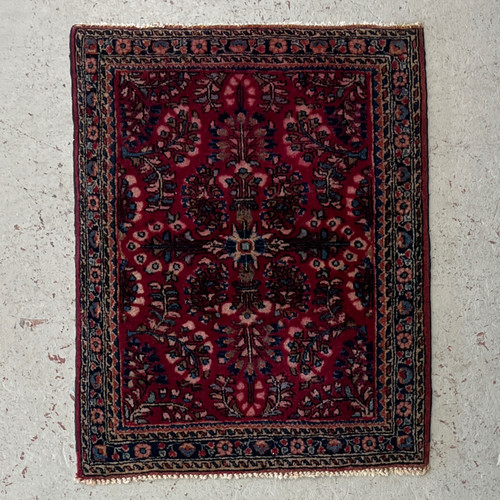 1‘11“ X 2’7” raspberry red, navy and Ivory Antique handknotted sarouk carpet or Mat
