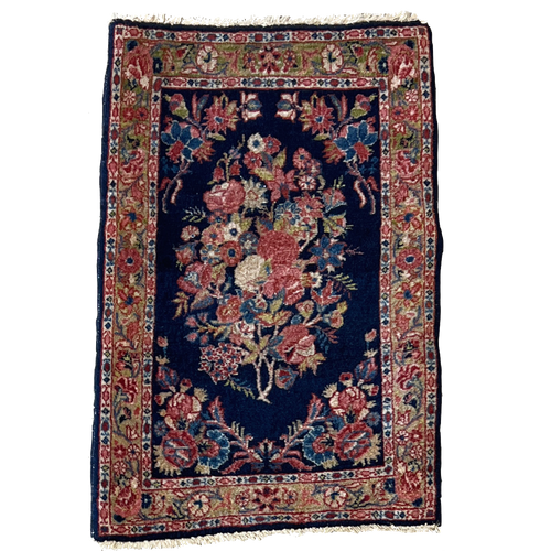 1‘7“ X 2‘5“ antique floral traditional Kerman navy blue and bright multicolor handknotted rug or mat