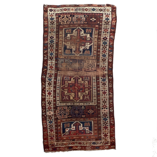 3‘3“ X 6‘10“ beautiful Antique multicolor red, navy blue and ivory Kazak and handknotted carpet