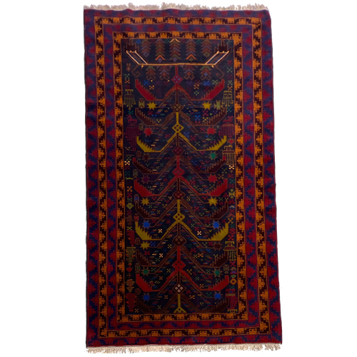 3’8x6’10 handknotted tribal tree of life navy and multicolored baluch carpet 