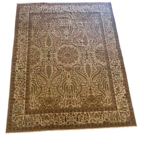 Oversized beige, sage green, and pink handknotted Tabriz style handmade palace size area rug