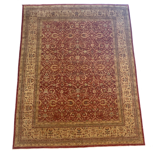 11’10’ x 15’11 deep red, beige and green handknotted Agra style palace sized carpet 
