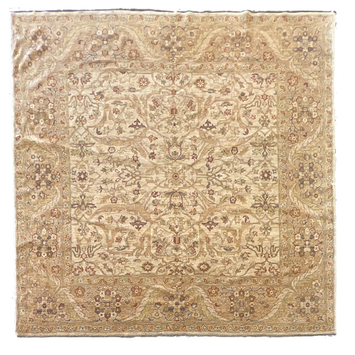 8’10” x 8’11” square beige, gold and grey handknotted floral traditional carpet