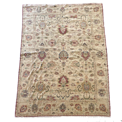 10’6” x 14’7” beige, green and red floral traditional handknotted Agra style carpet made in Egypt