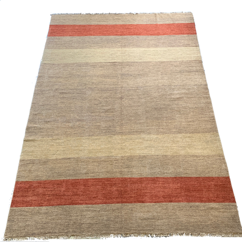 9‘1“ X 13‘8“ hand woven wool vegetable dyed beige and orange striped contemporary carpet