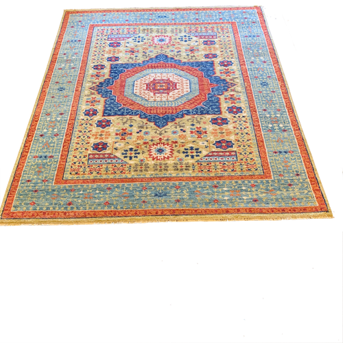 9‘3“ X 12‘0“ yellow, blue and orange geometric Mamluk style handknotted carpet