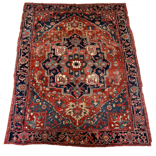 8‘4“ X 11‘8“ beautiful antique and knotted red and navy geometric Heriz carpet