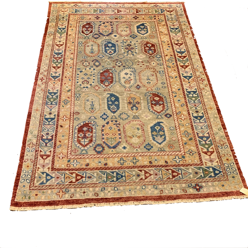 7’10” x 12’ traditional hand knotted light blue, yellow and red paisley style handknotted carpet