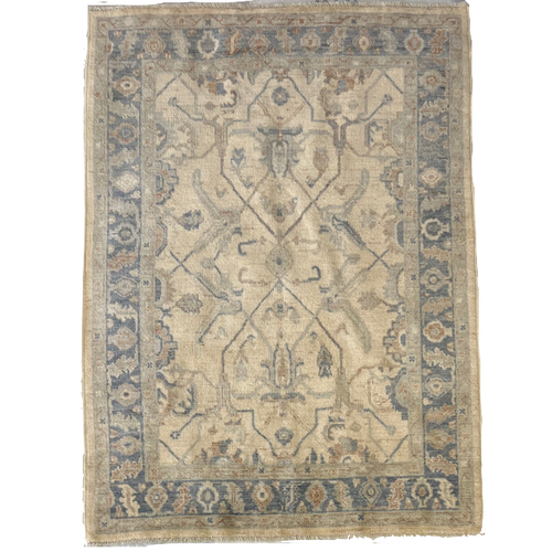 4’11 x 7’0 Neutral, light blue and light brown handknotted transitional Oushak style carpet 