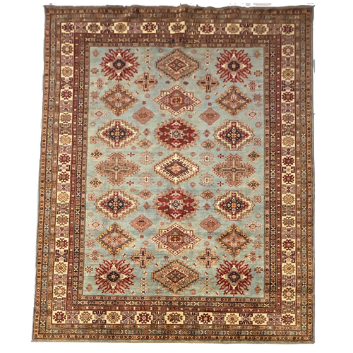 8’5 x 10’5 Handknotted aqua blue, red and multicolor tribal geometric Kazak carpet