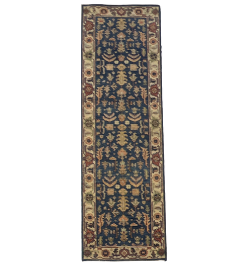 2’5 x 7’11 Royal blue, beige and multicolor floral tribal handknotted wool runner rug