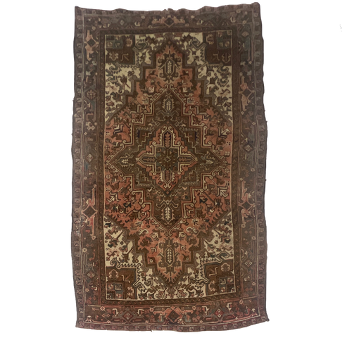 5’4 x 9’1 neutral brown pink, ivory and blue vintage Heriz tribal geometric carpet