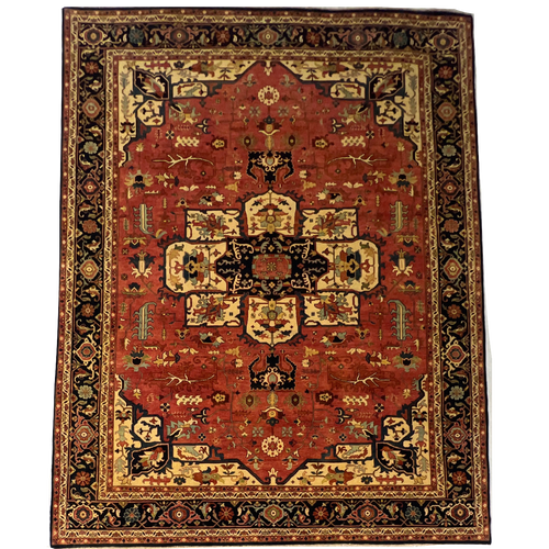9’1 x 12 beautiful light red, teal blue, navy and beige, handknotted Serapi style traditional carpet