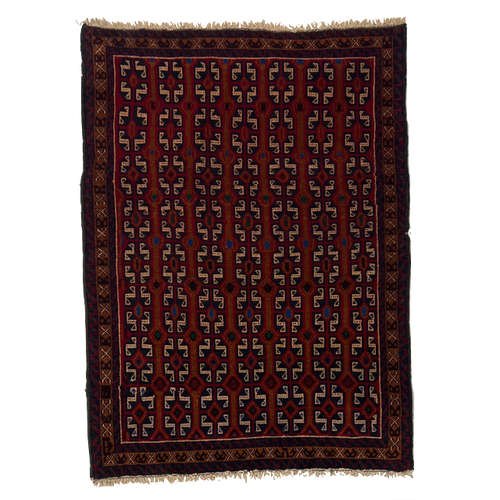 3’4” X 4’6” beautiful red, brown and blue hand knotted tribal geometric, Baluch carpet